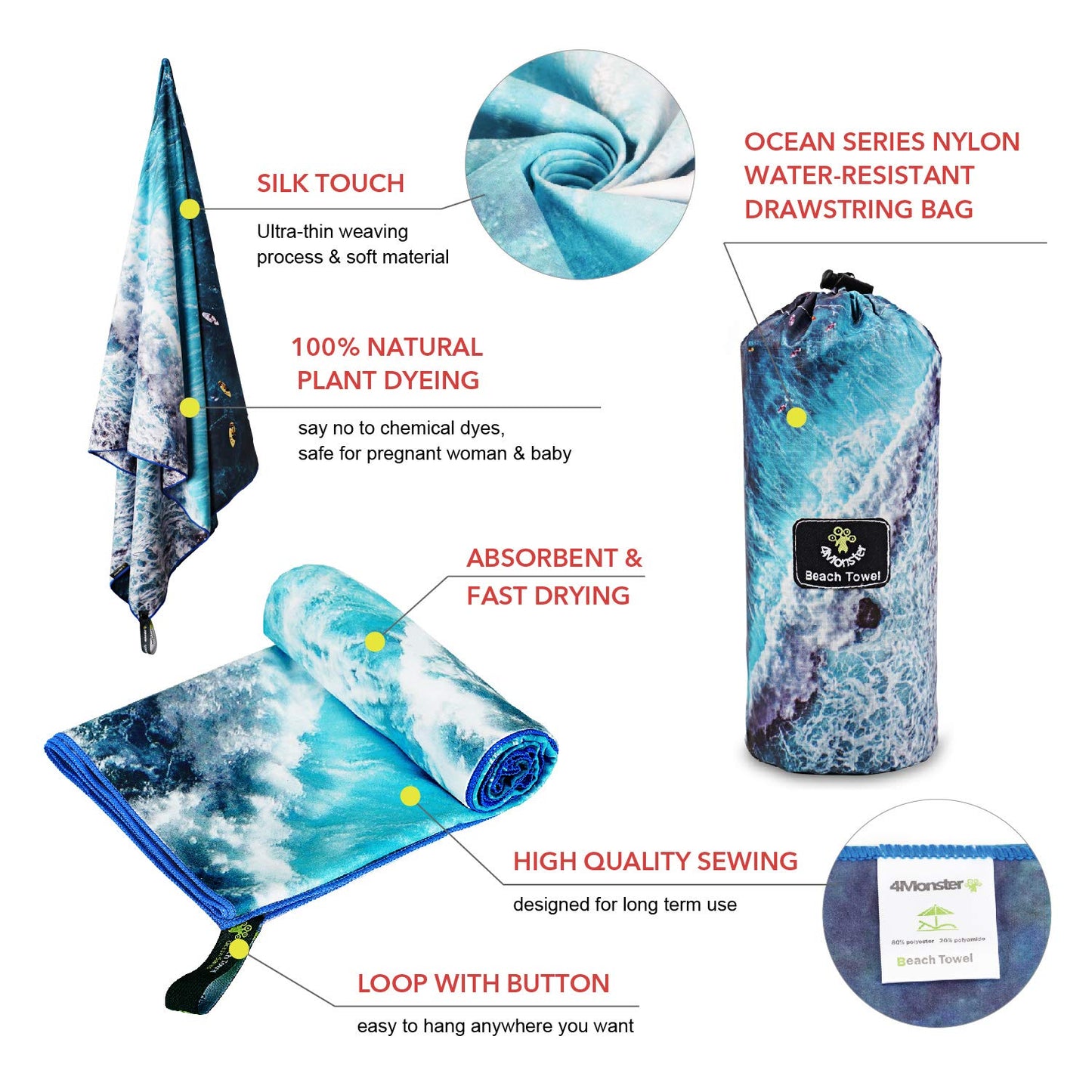 SL Travel Gear - 4Monster Microfiber Beach Towel Quick Dry,Super Absorbent Lightweight Travel Towel for Swimmers, Sand Free Camping Towel, Beach Towels for Pool, Swim, Water Sports,Yoga,Gym,Backpacking