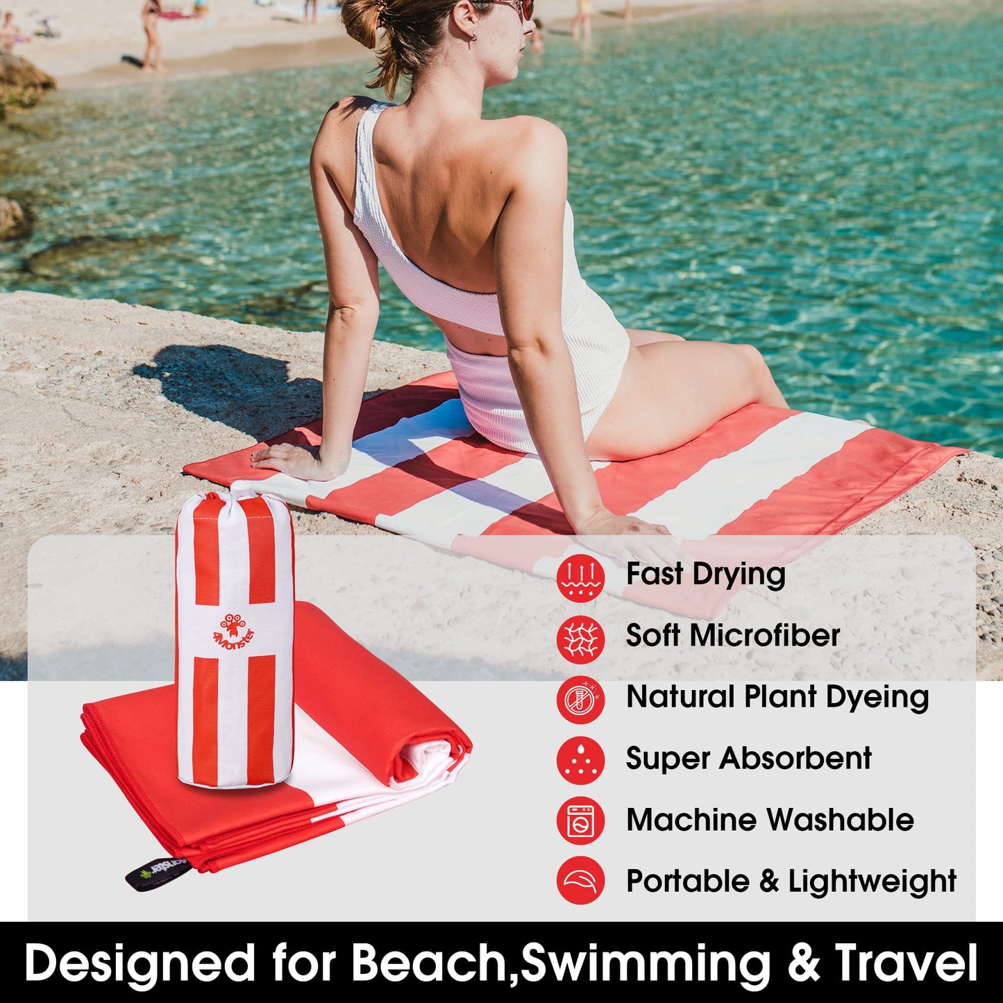 SL Travel Gear - 4Monster Microfiber Beach Towel Quick Dry,Super Absorbent Lightweight Travel Towel for Swimmers, Sand Free Camping Towel, Beach Towels for Pool, Swim, Water Sports,Yoga,Gym,Backpacking
