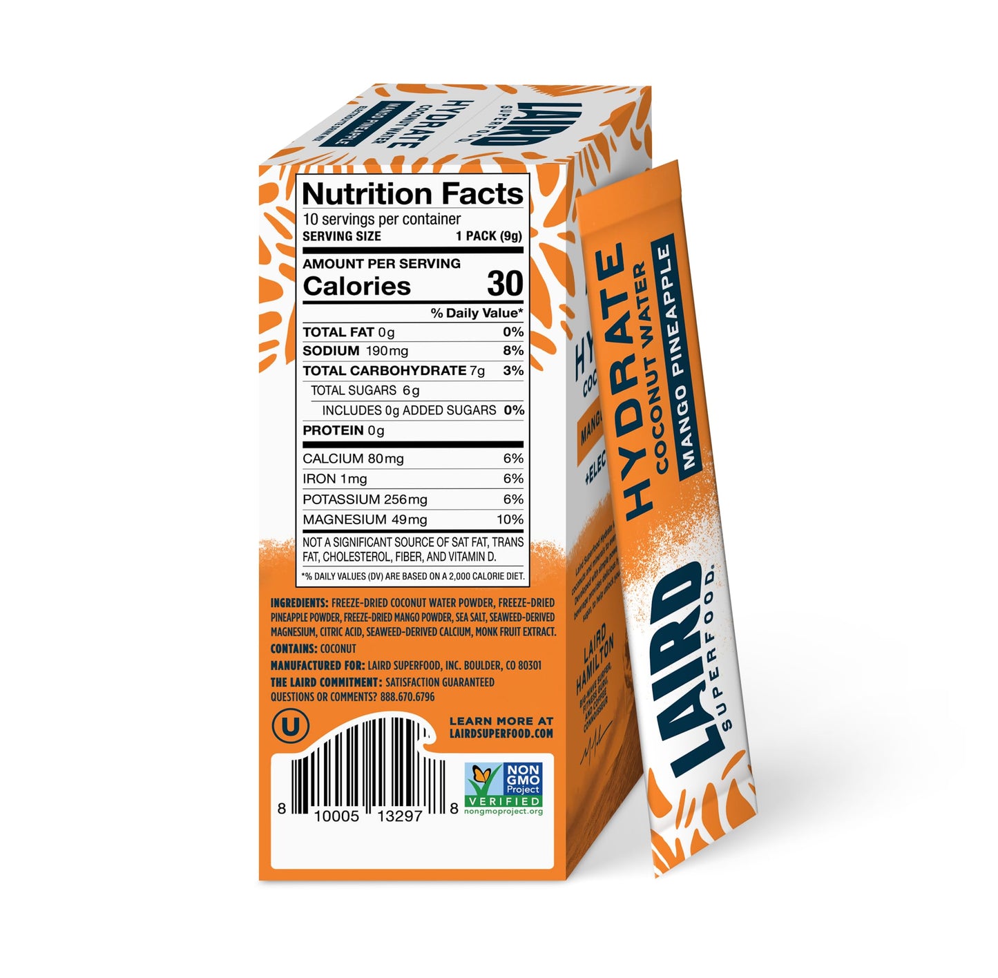 SL Travel Supplements - Laird Superfood HYDRATE Coconut Water Powder Drink Supplement with Coconut Water and Auqamin, All Natural, No Added Sugars, Gluten-Free, Non-GMO, Vegan, 8 oz. Bag, Pack of 1