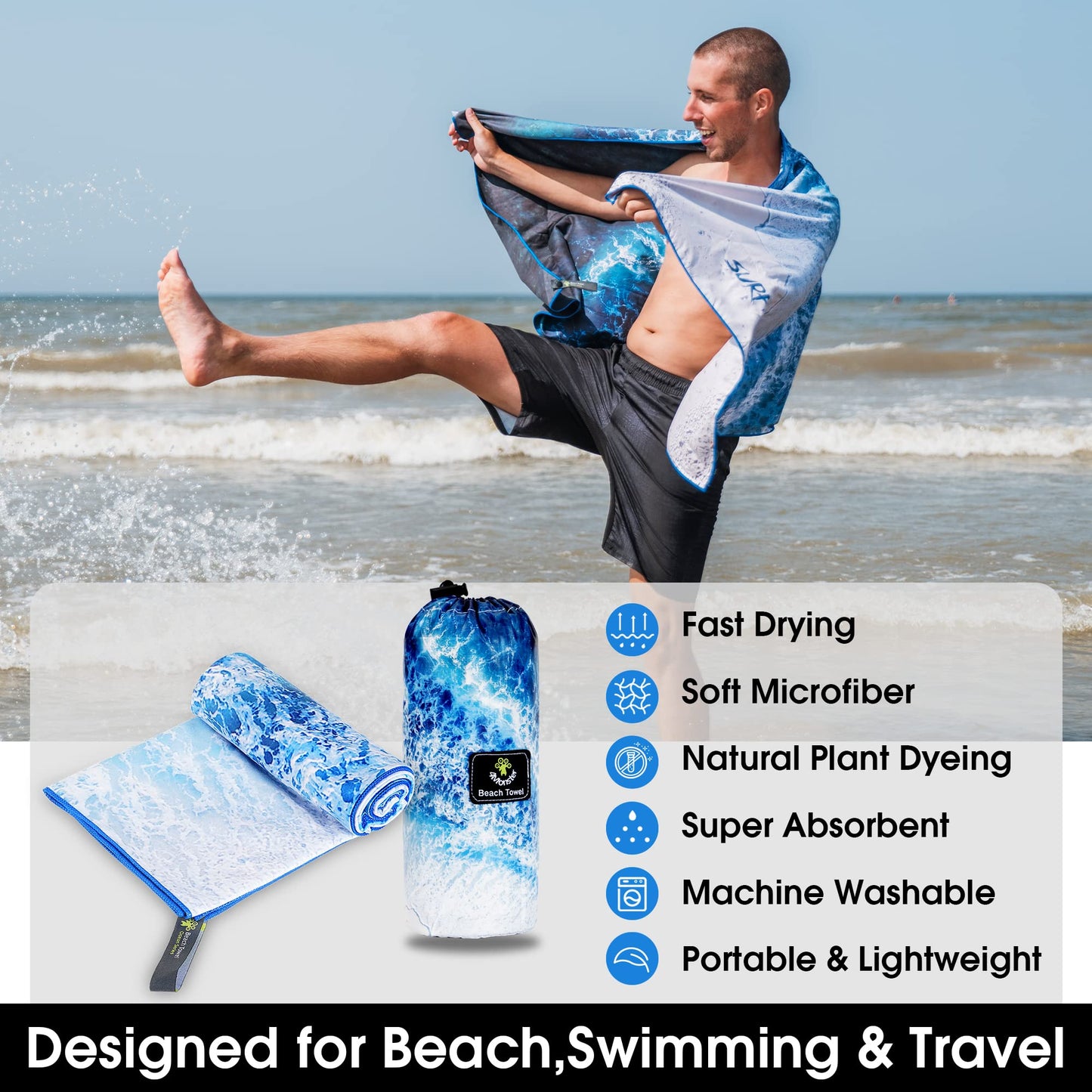 SL Travel Gear - 4Monster Microfiber Beach Towel Quick Dry,Super Absorbent Lightweight Travel Towel for Swimmers, Sand Free Camping Towel, Beach Towels for Pool, Swim, Water Sports,Yoga,Gym,Backpacking