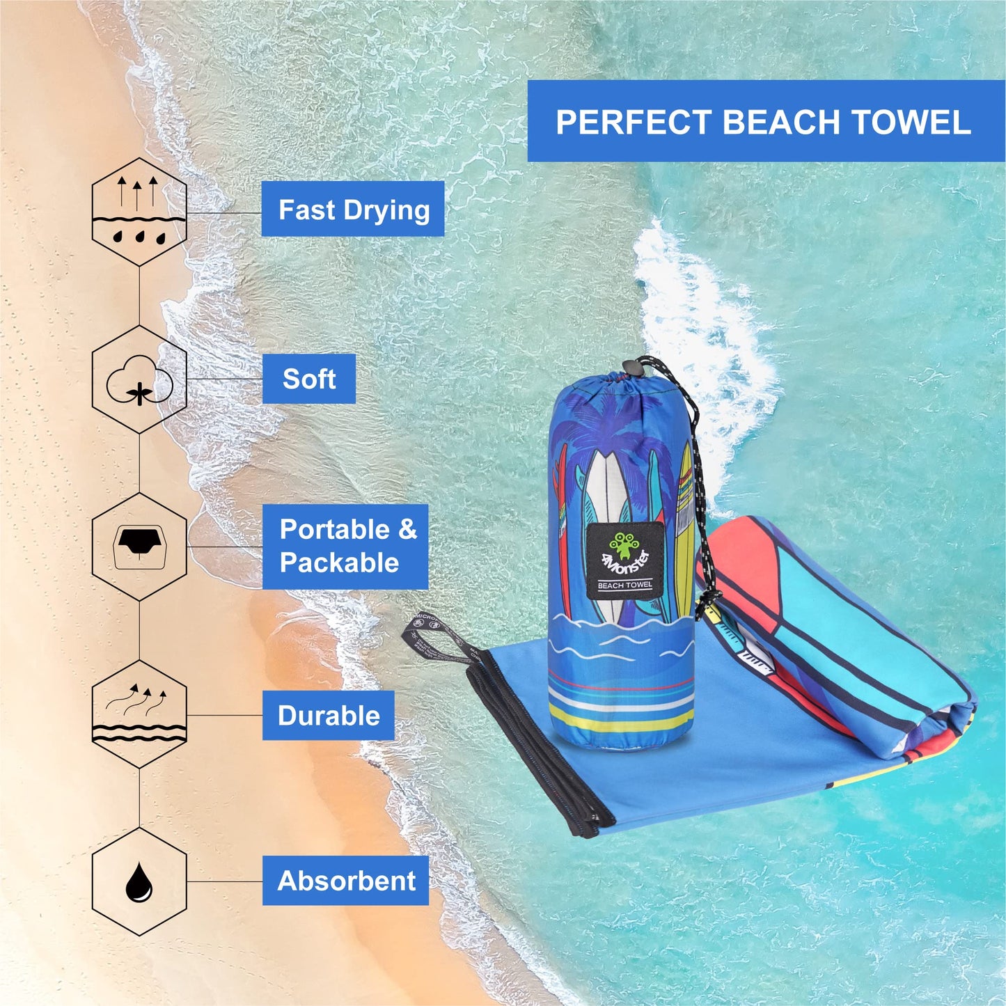 SL Travel Gear - 4Monster Microfiber Beach Towel Quick Dry,Super Absorbent Lightweight Travel Towel for Swimmers, Sand Free Camping Towel, Beach Towels for Pool, Swim, Water Sports,Yoga,Gym,Backpacking