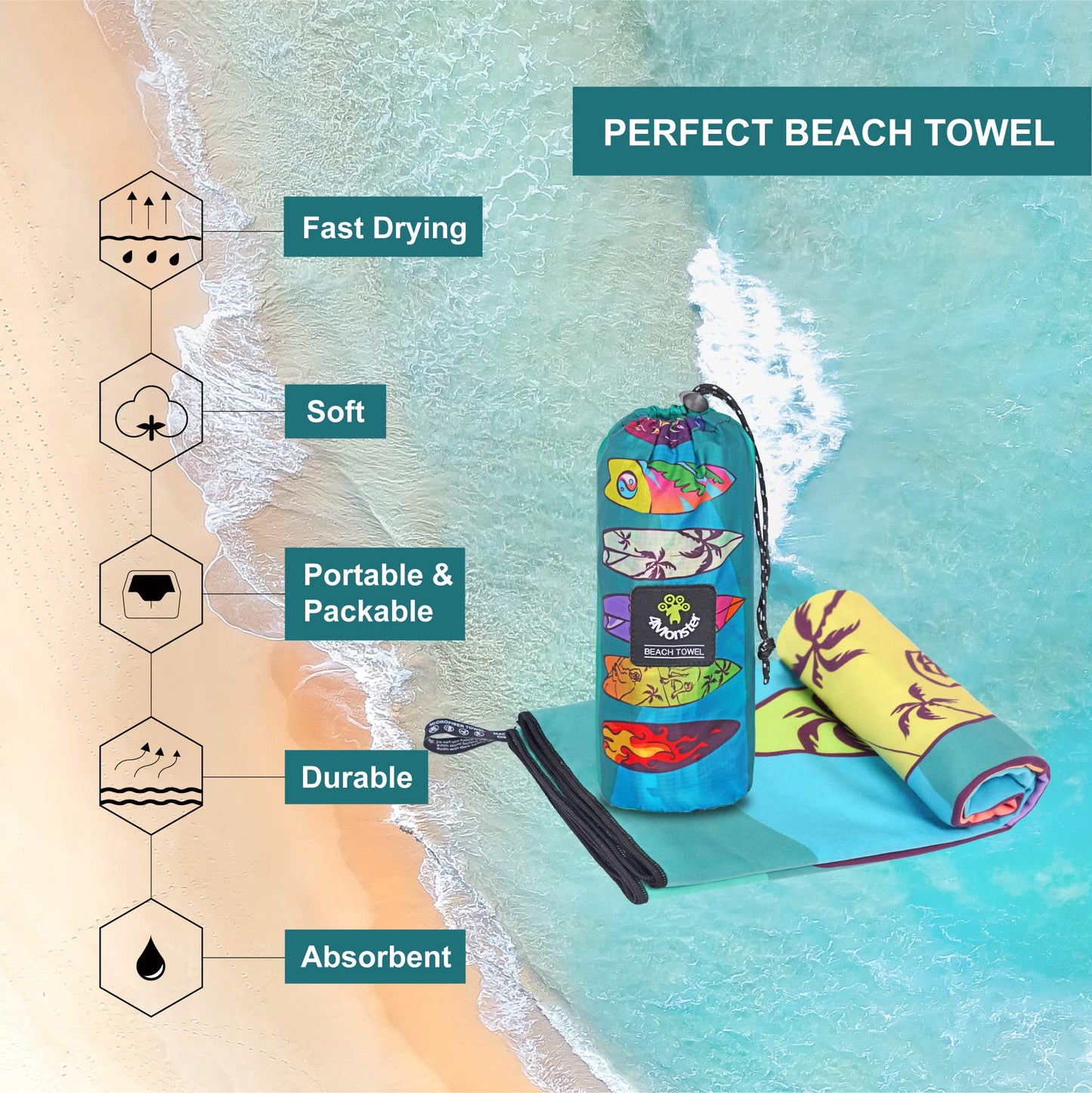 SL Travel Gear - 4Monster Microfiber Beach Towel Quick Dry,Super Absorbent Lightweight Travel Towel for Swimmers, Sand Free Camping Towel, Beach Towels for Pool, Swim, Water Sports,Yoga,Gym,Backpacking