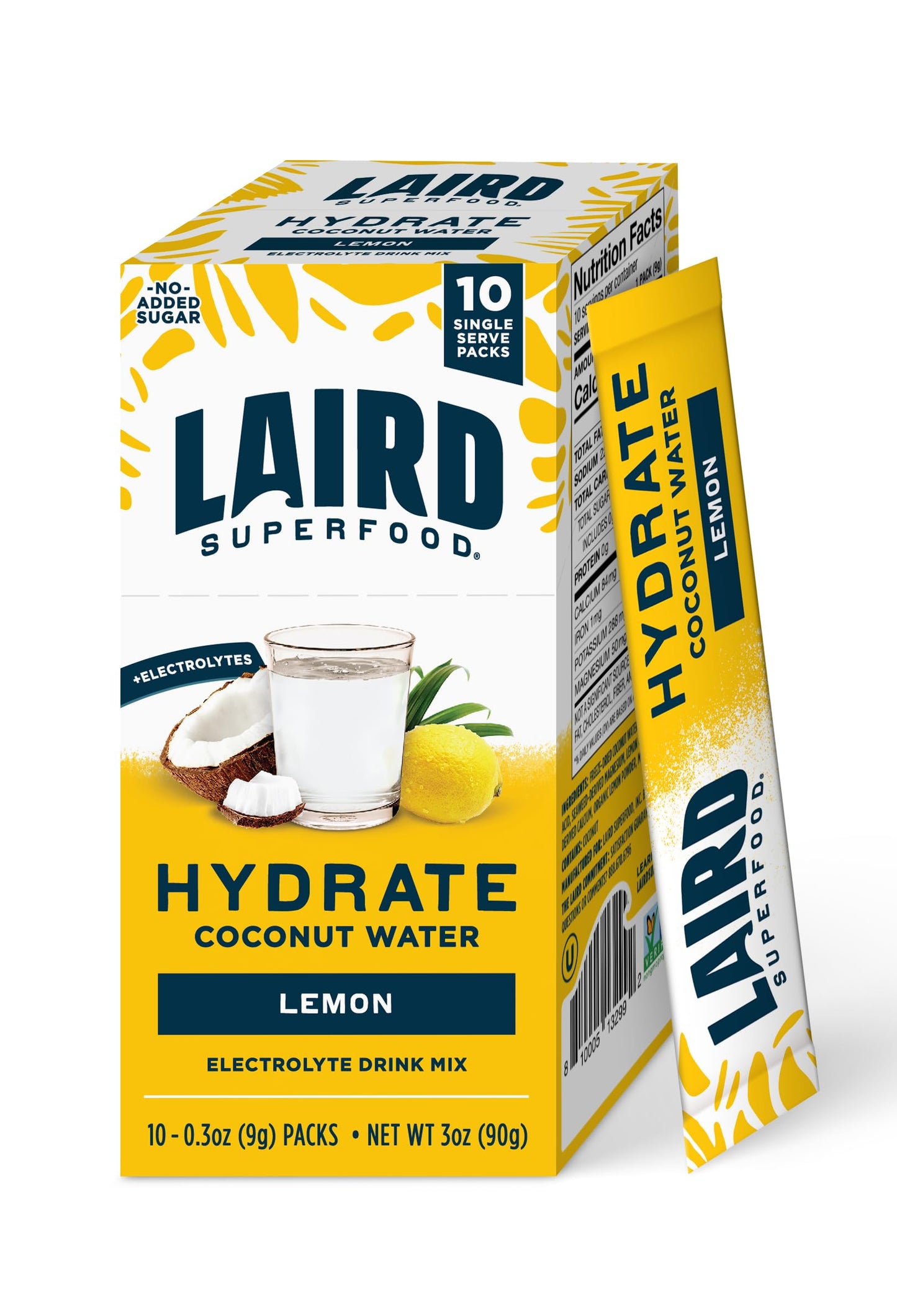 SL Travel Supplements - Laird Superfood HYDRATE Coconut Water Powder Drink Supplement with Coconut Water and Auqamin, All Natural, No Added Sugars, Gluten-Free, Non-GMO, Vegan, 8 oz. Bag, Pack of 1