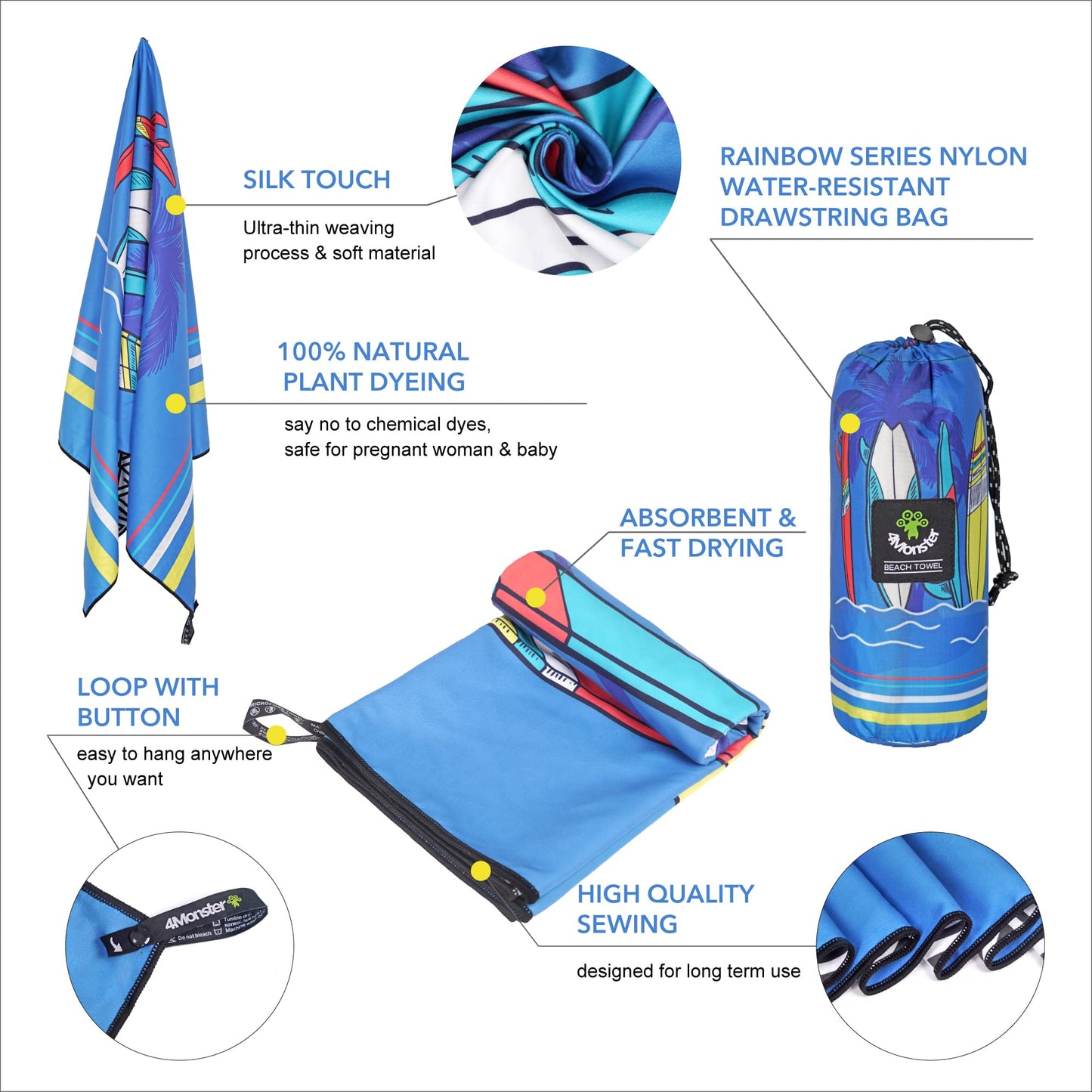 SL Travel Gear - 4Monster Microfiber Beach Towel Quick Dry,Super Absorbent Lightweight Travel Towel for Swimmers, Sand Free Camping Towel, Beach Towels for Pool, Swim, Water Sports,Yoga,Gym,Backpacking