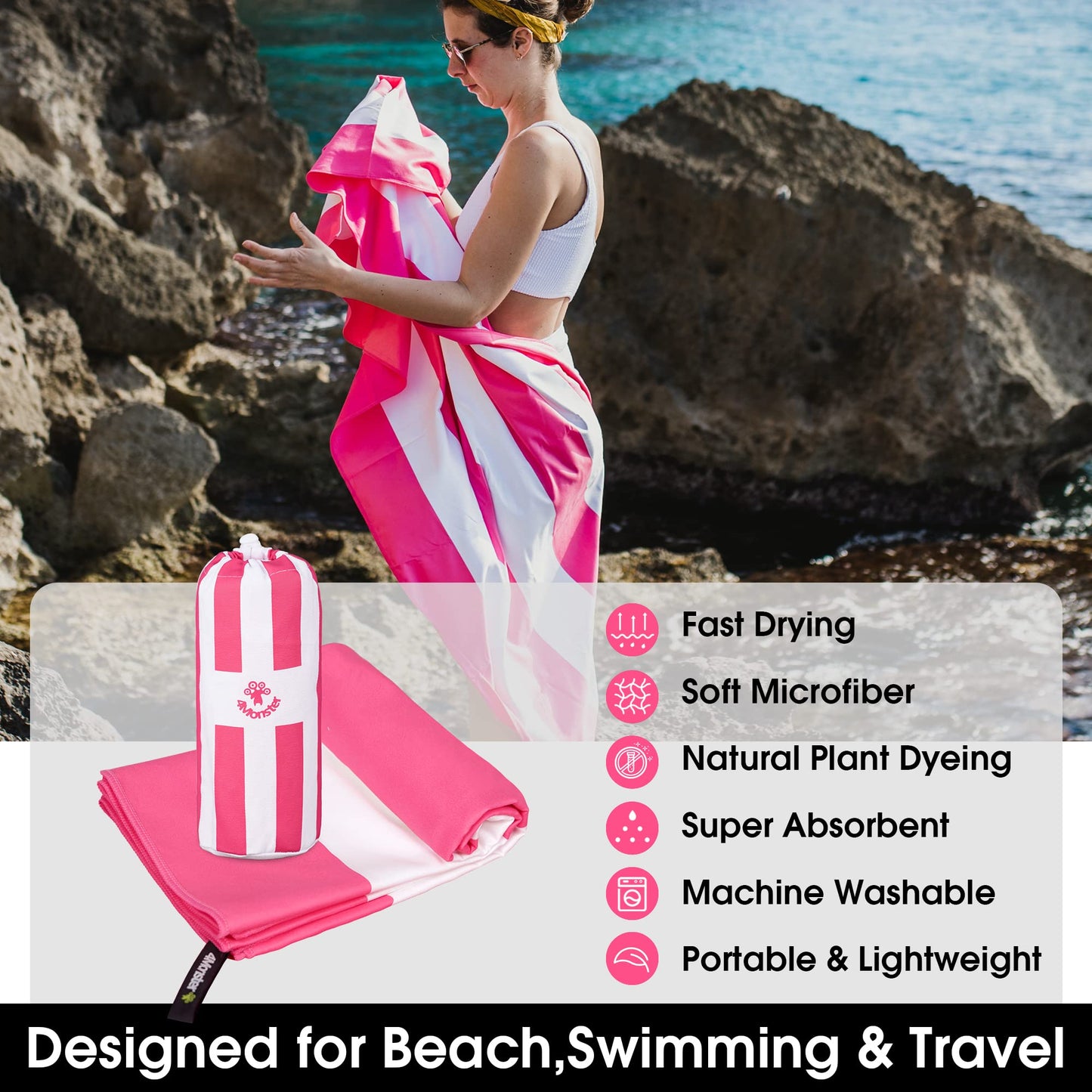 SL Travel Gear - 4Monster Microfiber Beach Towel Quick Dry,Super Absorbent Lightweight Travel Towel for Swimmers, Sand Free Camping Towel, Beach Towels for Pool, Swim, Water Sports,Yoga,Gym,Backpacking