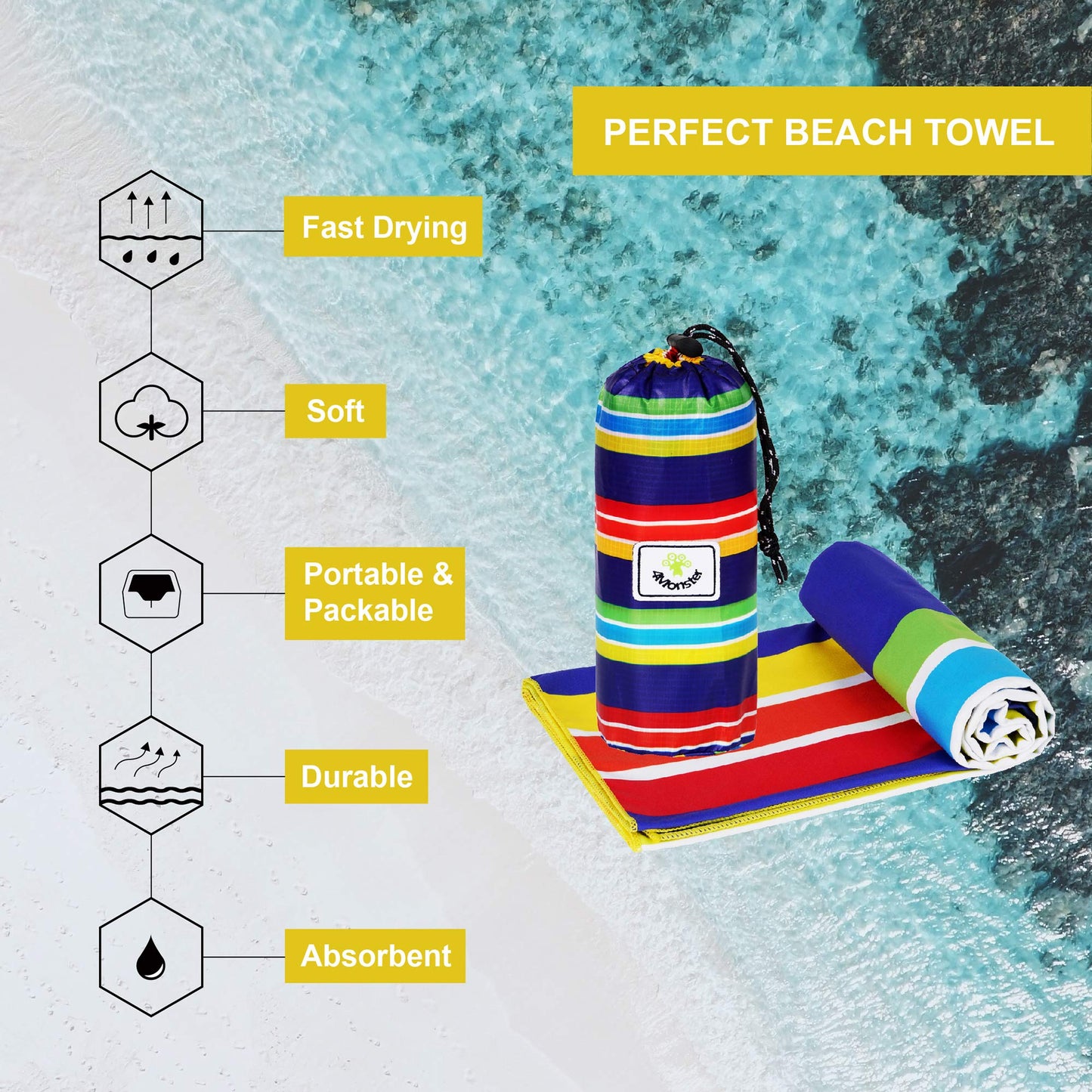 SL Travel Gear - 4Monster Microfiber Beach Towel Quick Dry,Super Absorbent Lightweight Travel Towel for Swimmers, Sand Free Camping Towel, Beach Towels for Pool, Swim, Water Sports,Yoga,Gym,Backpacking