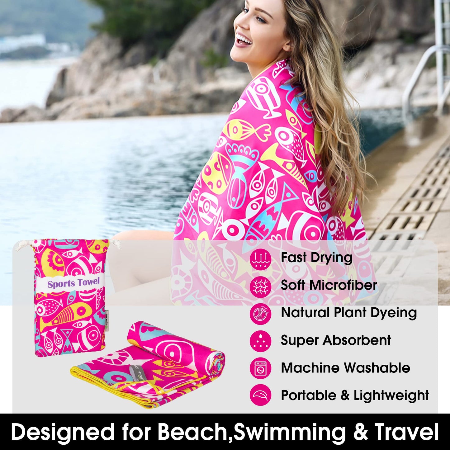 SL Travel Gear - 4Monster Microfiber Beach Towel Quick Dry,Super Absorbent Lightweight Travel Towel for Swimmers, Sand Free Camping Towel, Beach Towels for Pool, Swim, Water Sports,Yoga,Gym,Backpacking