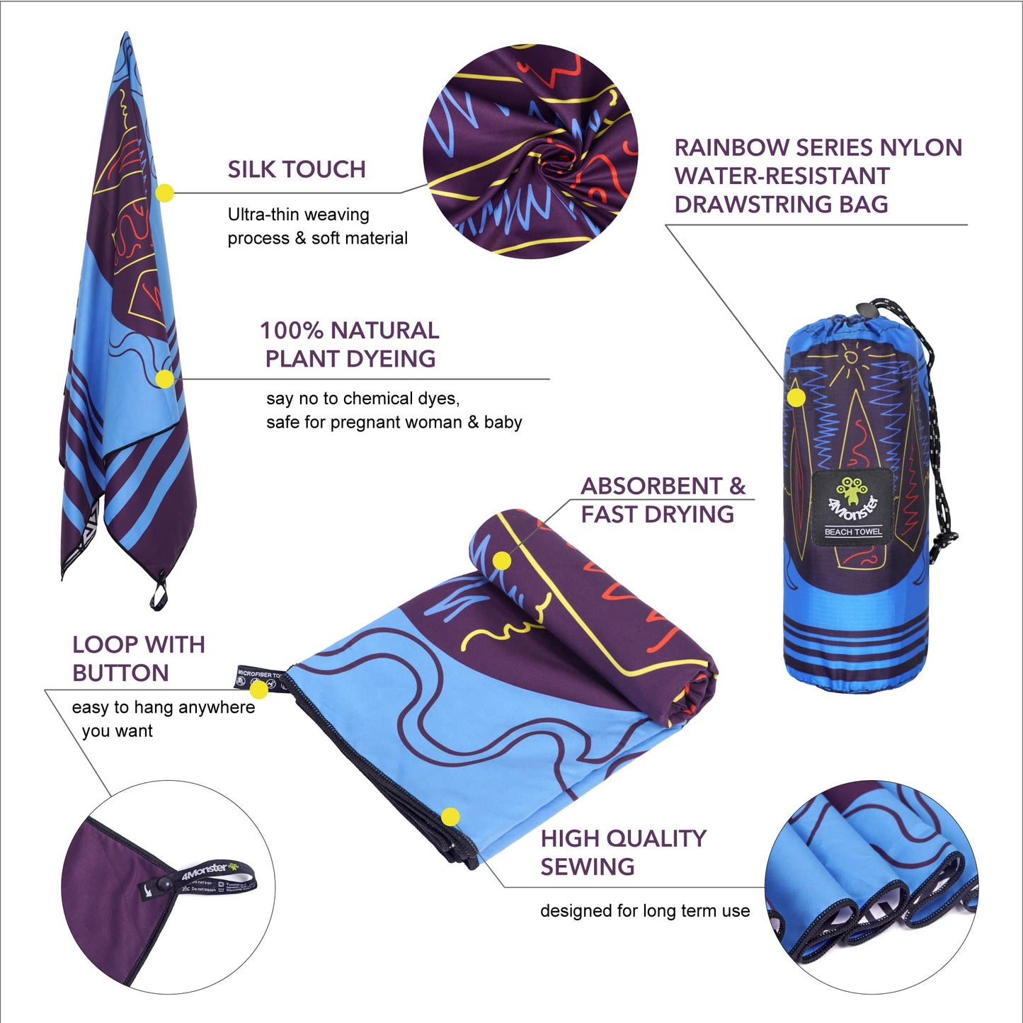 SL Travel Gear - 4Monster Microfiber Beach Towel Quick Dry,Super Absorbent Lightweight Travel Towel for Swimmers, Sand Free Camping Towel, Beach Towels for Pool, Swim, Water Sports,Yoga,Gym,Backpacking