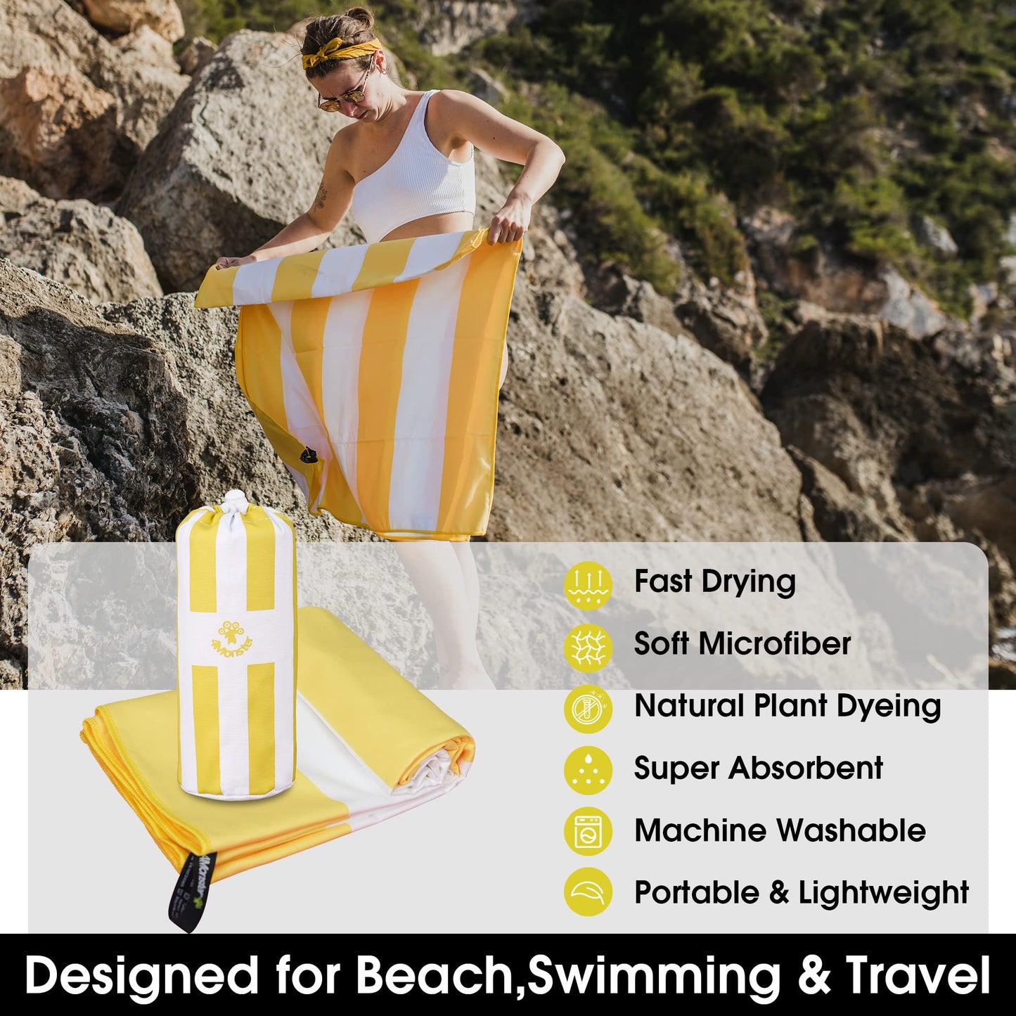 SL Travel Gear - 4Monster Microfiber Beach Towel Quick Dry,Super Absorbent Lightweight Travel Towel for Swimmers, Sand Free Camping Towel, Beach Towels for Pool, Swim, Water Sports,Yoga,Gym,Backpacking