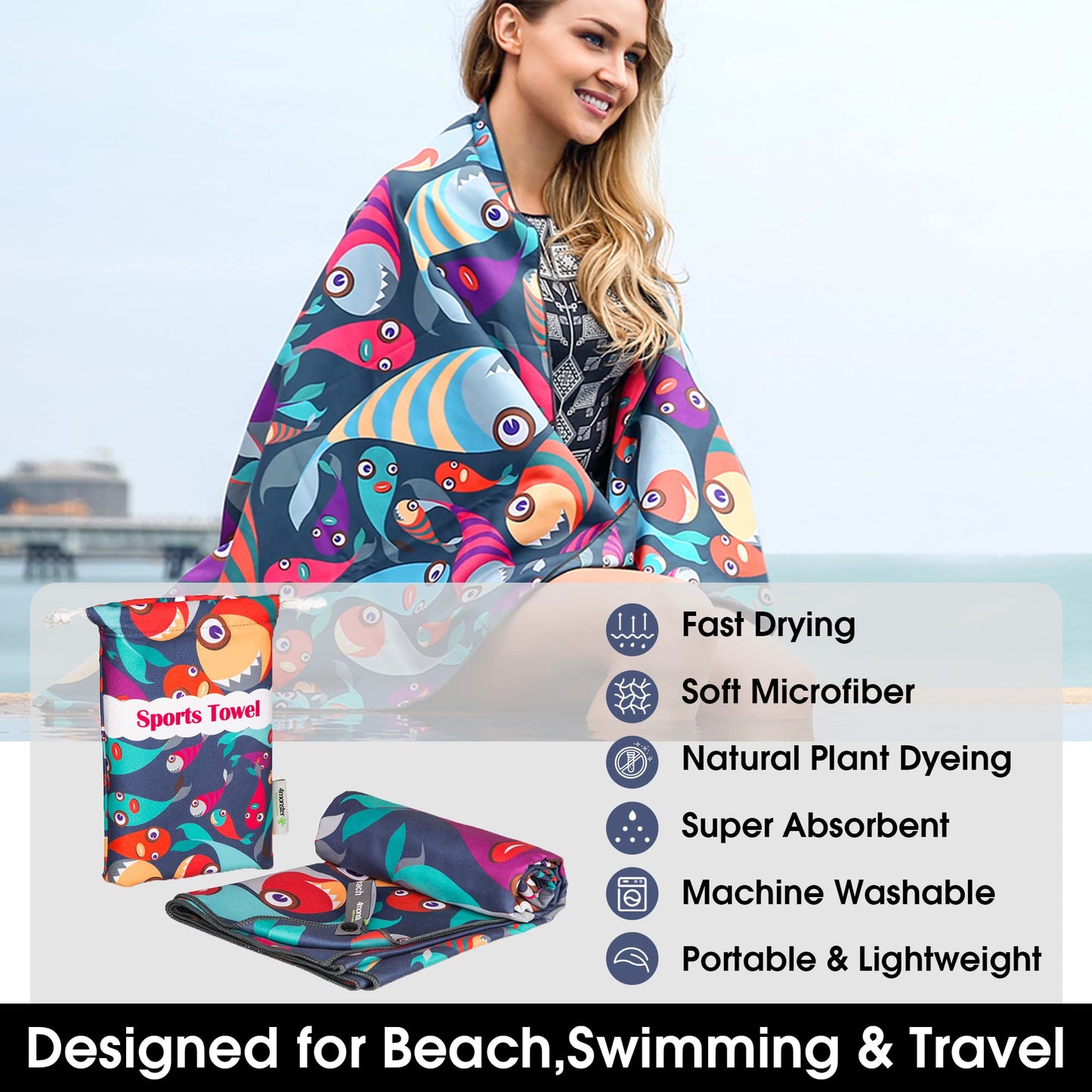 SL Travel Gear - 4Monster Microfiber Beach Towel Quick Dry,Super Absorbent Lightweight Travel Towel for Swimmers, Sand Free Camping Towel, Beach Towels for Pool, Swim, Water Sports,Yoga,Gym,Backpacking