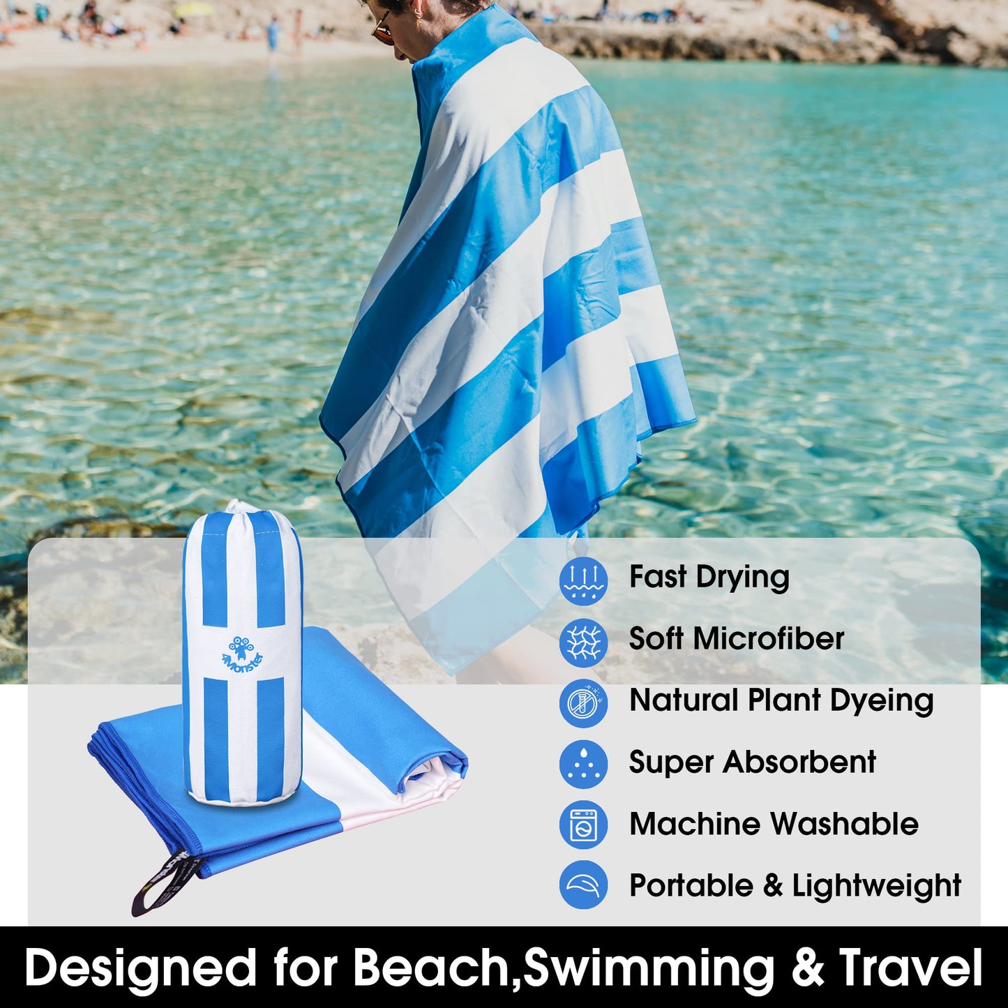 SL Travel Gear - 4Monster Microfiber Beach Towel Quick Dry,Super Absorbent Lightweight Travel Towel for Swimmers, Sand Free Camping Towel, Beach Towels for Pool, Swim, Water Sports,Yoga,Gym,Backpacking