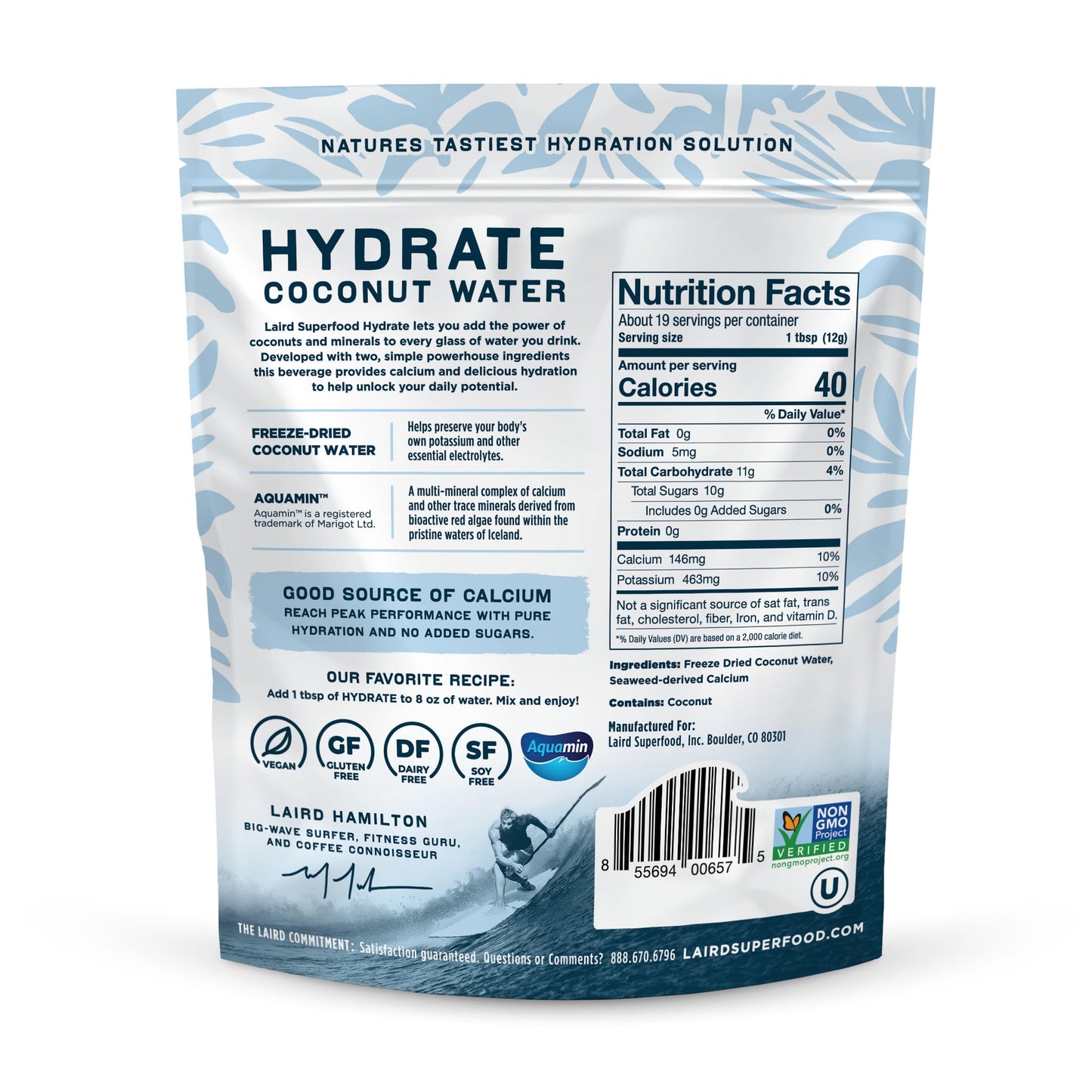 SL Travel Supplements - Laird Superfood HYDRATE Coconut Water Powder Drink Supplement with Coconut Water and Auqamin, All Natural, No Added Sugars, Gluten-Free, Non-GMO, Vegan, 8 oz. Bag, Pack of 1