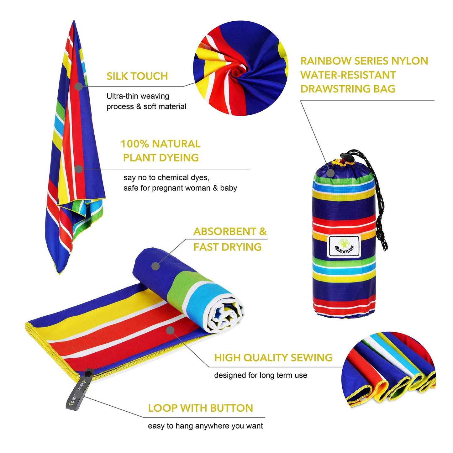 SL Travel Gear - 4Monster Microfiber Beach Towel Quick Dry,Super Absorbent Lightweight Travel Towel for Swimmers, Sand Free Camping Towel, Beach Towels for Pool, Swim, Water Sports,Yoga,Gym,Backpacking