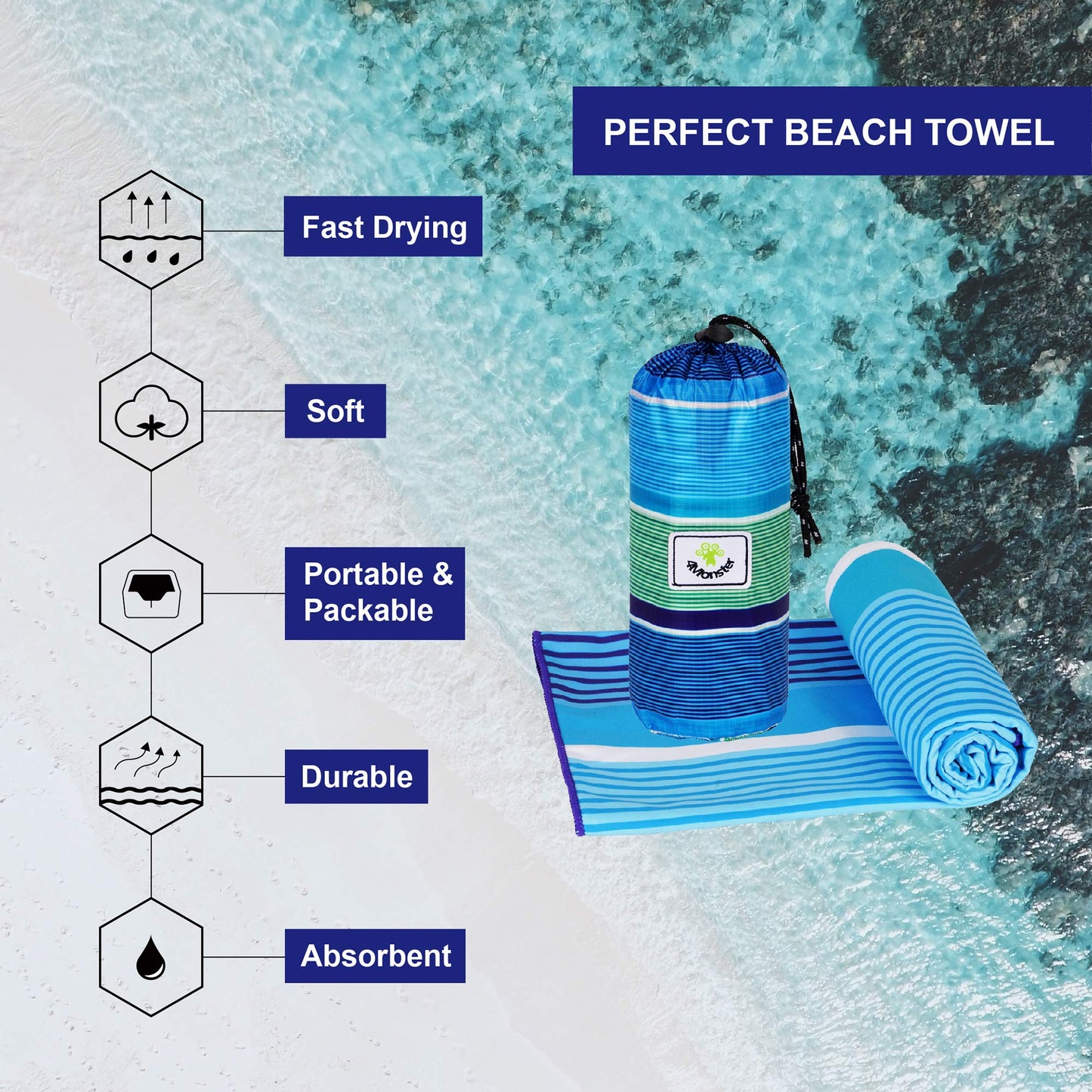 SL Travel Gear - 4Monster Microfiber Beach Towel Quick Dry,Super Absorbent Lightweight Travel Towel for Swimmers, Sand Free Camping Towel, Beach Towels for Pool, Swim, Water Sports,Yoga,Gym,Backpacking