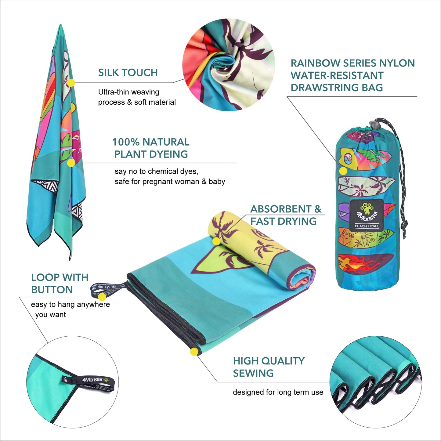 SL Travel Gear - 4Monster Microfiber Beach Towel Quick Dry,Super Absorbent Lightweight Travel Towel for Swimmers, Sand Free Camping Towel, Beach Towels for Pool, Swim, Water Sports,Yoga,Gym,Backpacking