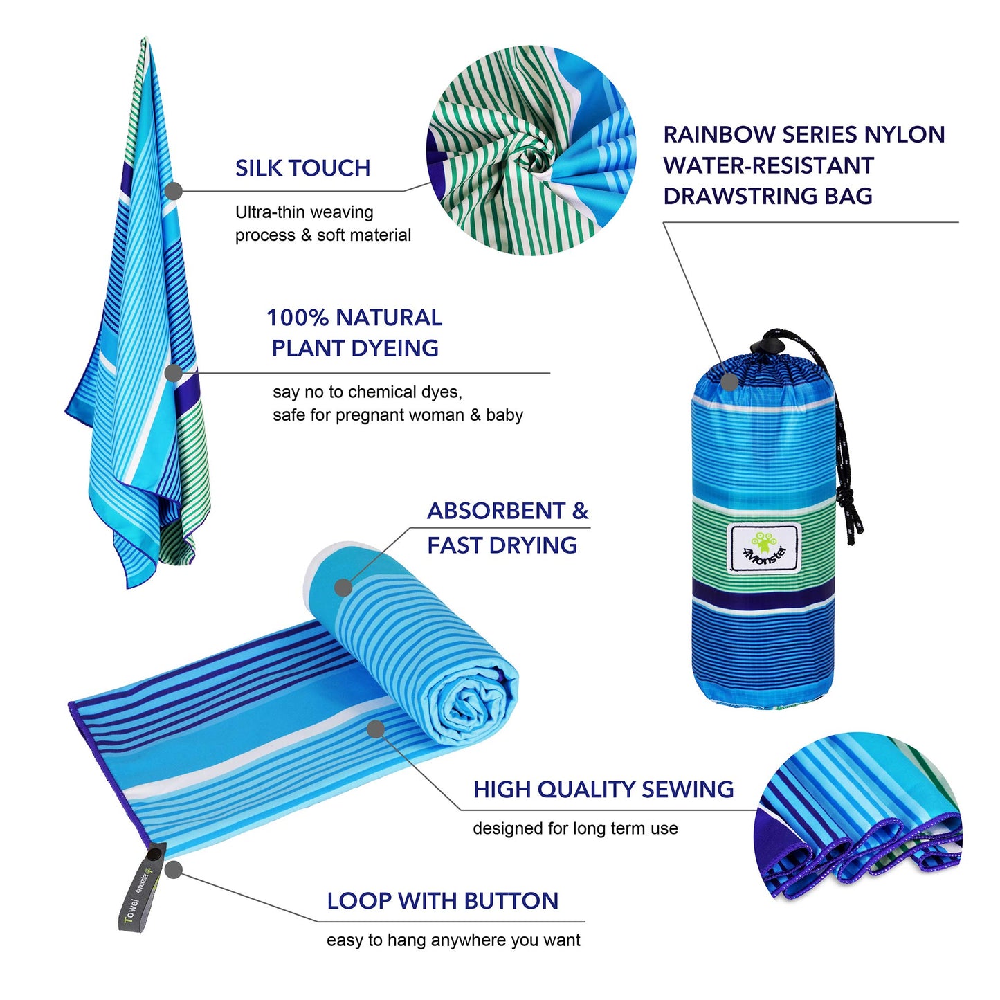 SL Travel Gear - 4Monster Microfiber Beach Towel Quick Dry,Super Absorbent Lightweight Travel Towel for Swimmers, Sand Free Camping Towel, Beach Towels for Pool, Swim, Water Sports,Yoga,Gym,Backpacking