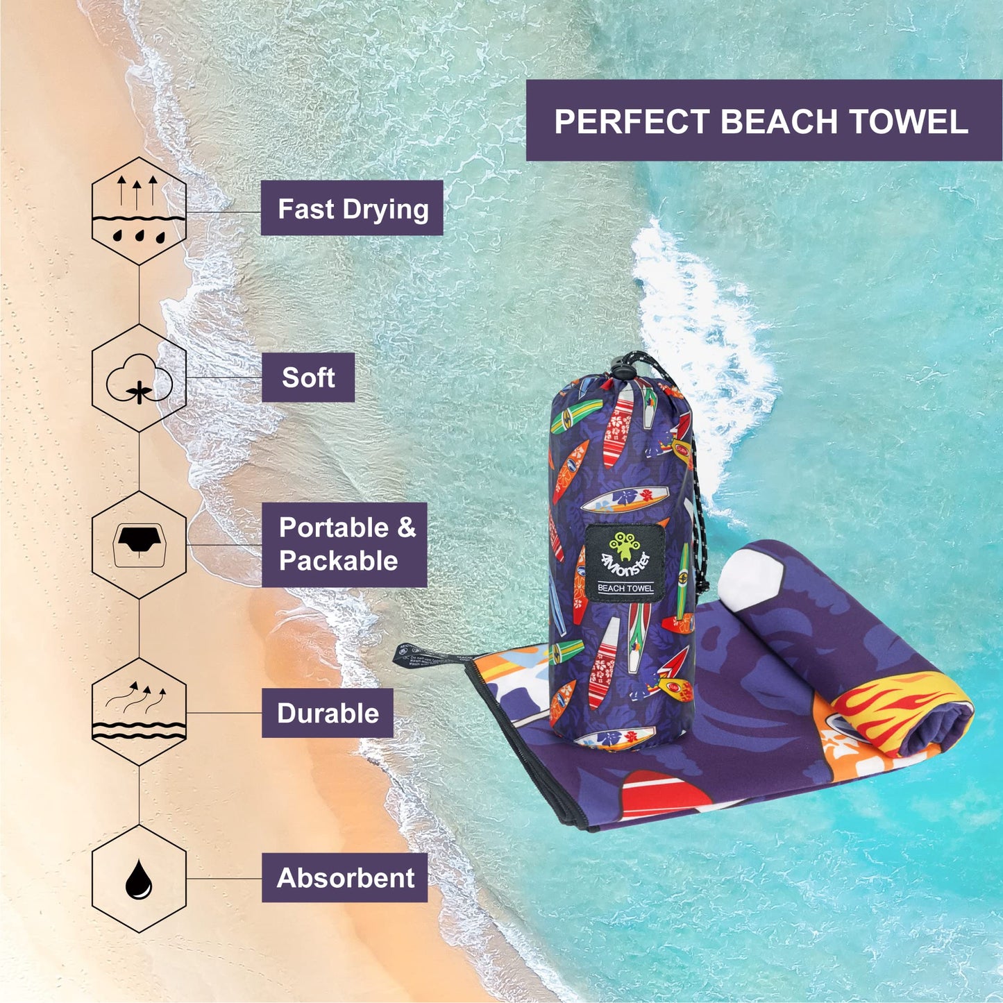 SL Travel Gear - 4Monster Microfiber Beach Towel Quick Dry,Super Absorbent Lightweight Travel Towel for Swimmers, Sand Free Camping Towel, Beach Towels for Pool, Swim, Water Sports,Yoga,Gym,Backpacking
