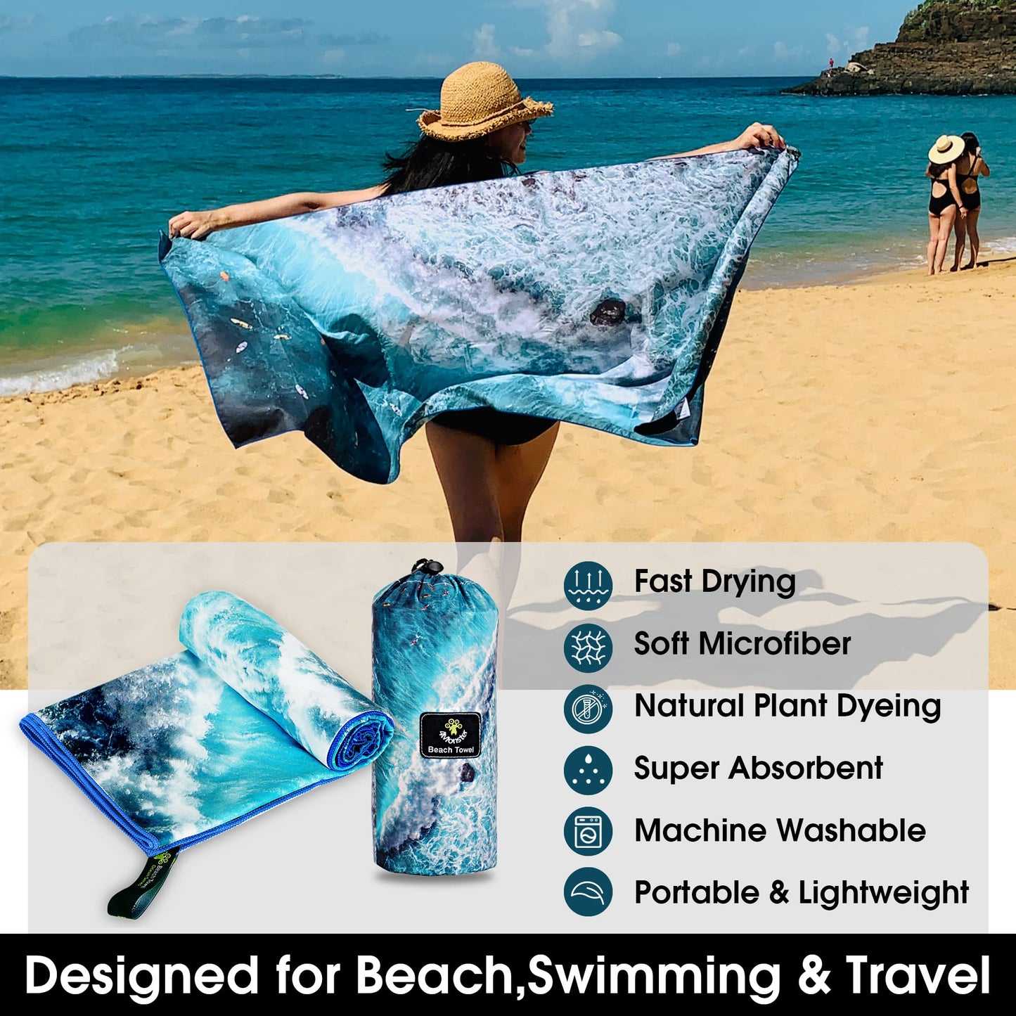 SL Travel Gear - 4Monster Microfiber Beach Towel Quick Dry,Super Absorbent Lightweight Travel Towel for Swimmers, Sand Free Camping Towel, Beach Towels for Pool, Swim, Water Sports,Yoga,Gym,Backpacking