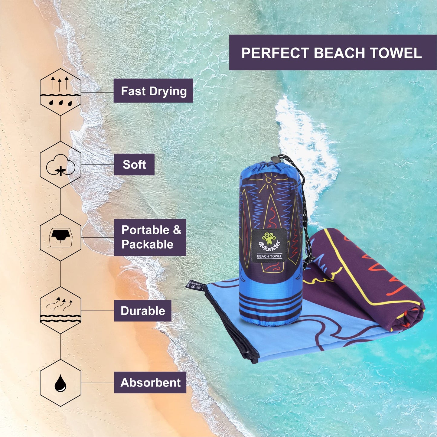SL Travel Gear - 4Monster Microfiber Beach Towel Quick Dry,Super Absorbent Lightweight Travel Towel for Swimmers, Sand Free Camping Towel, Beach Towels for Pool, Swim, Water Sports,Yoga,Gym,Backpacking