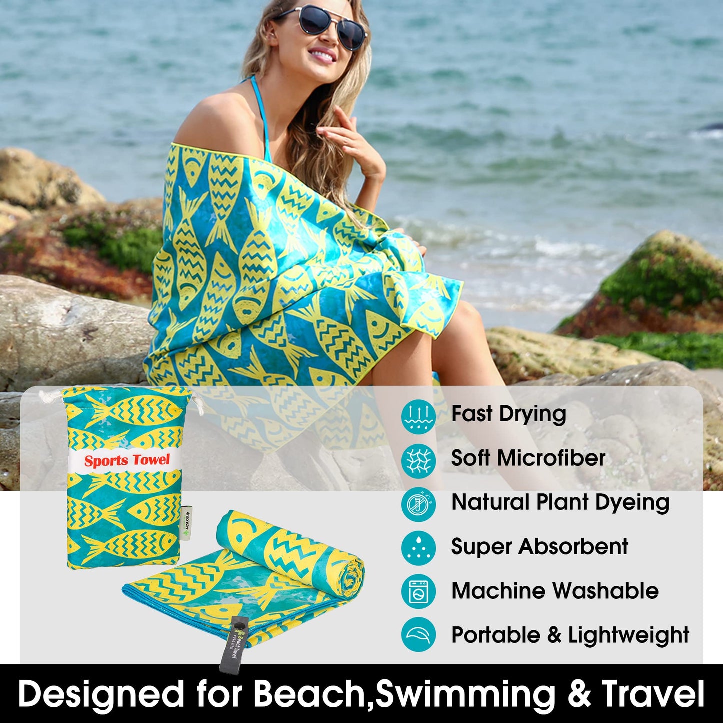 SL Travel Gear - 4Monster Microfiber Beach Towel Quick Dry,Super Absorbent Lightweight Travel Towel for Swimmers, Sand Free Camping Towel, Beach Towels for Pool, Swim, Water Sports,Yoga,Gym,Backpacking