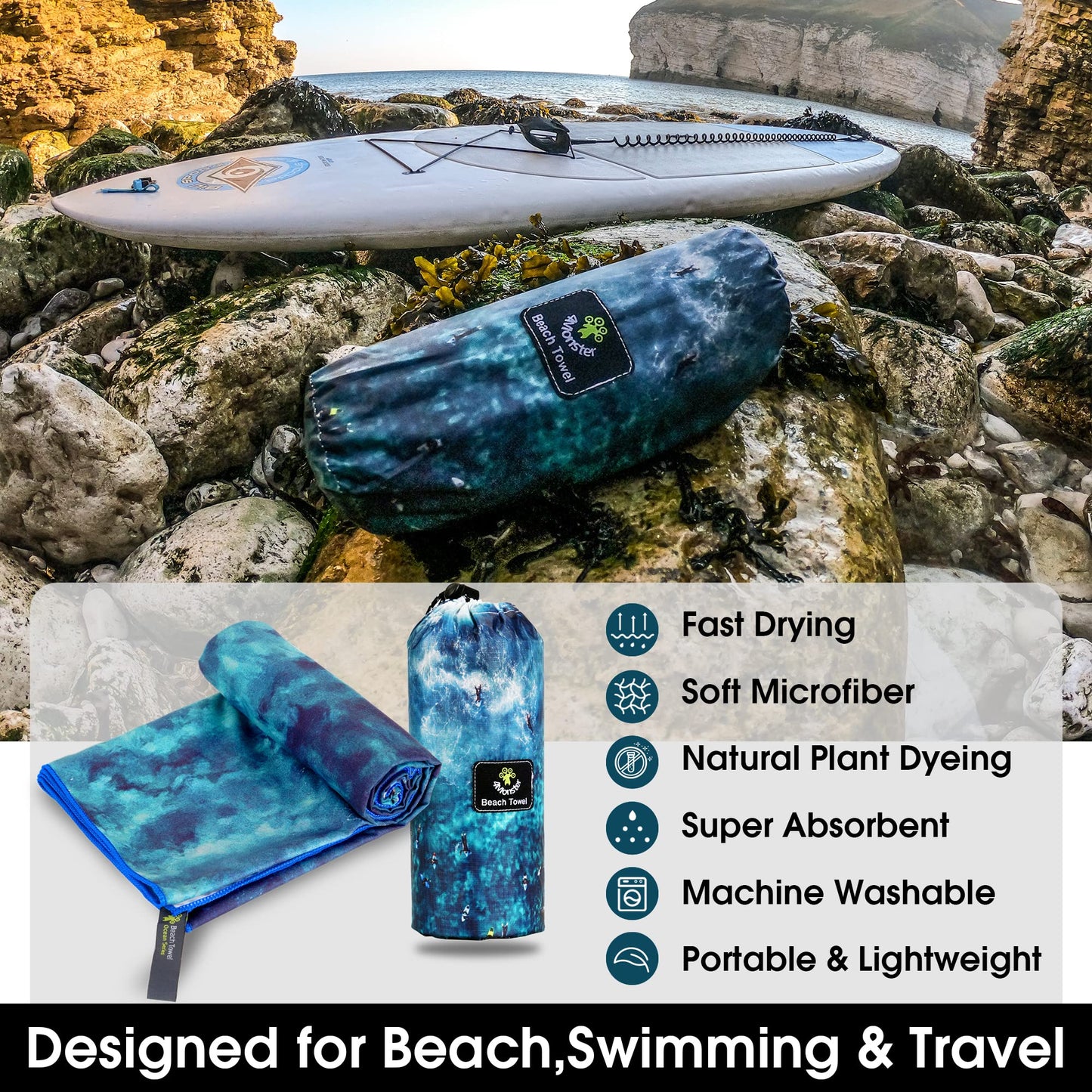 SL Travel Gear - 4Monster Microfiber Beach Towel Quick Dry,Super Absorbent Lightweight Travel Towel for Swimmers, Sand Free Camping Towel, Beach Towels for Pool, Swim, Water Sports,Yoga,Gym,Backpacking