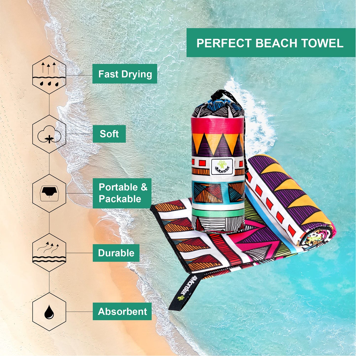 SL Travel Gear - 4Monster Microfiber Beach Towel Quick Dry,Super Absorbent Lightweight Travel Towel for Swimmers, Sand Free Camping Towel, Beach Towels for Pool, Swim, Water Sports,Yoga,Gym,Backpacking
