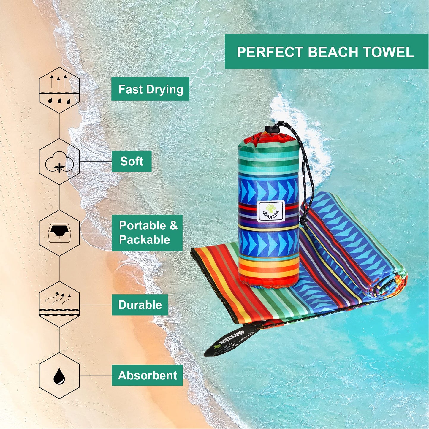 SL Travel Gear - 4Monster Microfiber Beach Towel Quick Dry,Super Absorbent Lightweight Travel Towel for Swimmers, Sand Free Camping Towel, Beach Towels for Pool, Swim, Water Sports,Yoga,Gym,Backpacking