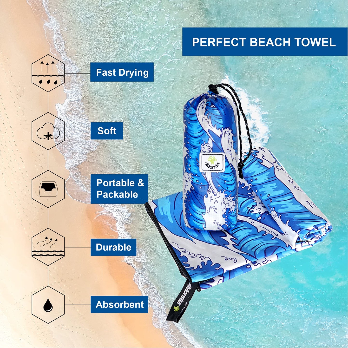 SL Travel Gear - 4Monster Microfiber Beach Towel Quick Dry,Super Absorbent Lightweight Travel Towel for Swimmers, Sand Free Camping Towel, Beach Towels for Pool, Swim, Water Sports,Yoga,Gym,Backpacking