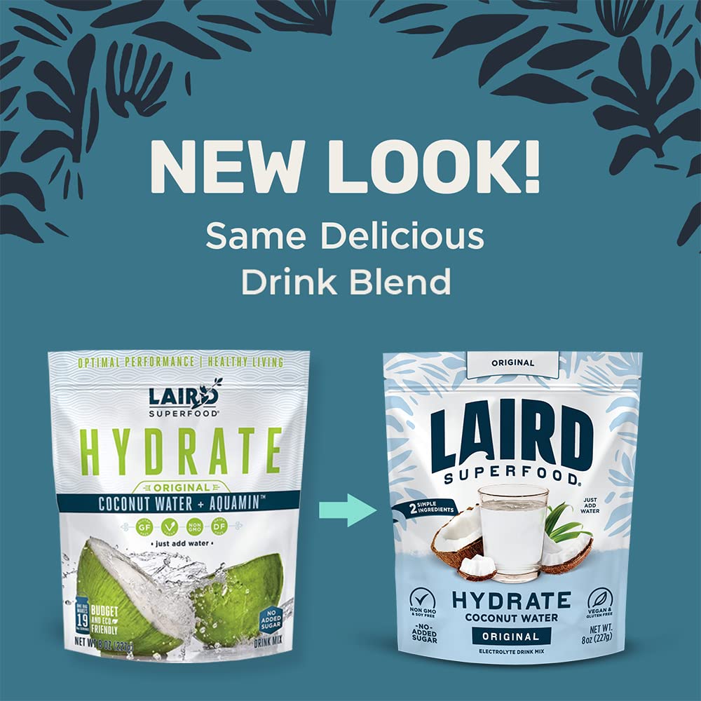 SL Travel Supplements - Laird Superfood HYDRATE Coconut Water Powder Drink Supplement with Coconut Water and Auqamin, All Natural, No Added Sugars, Gluten-Free, Non-GMO, Vegan, 8 oz. Bag, Pack of 1