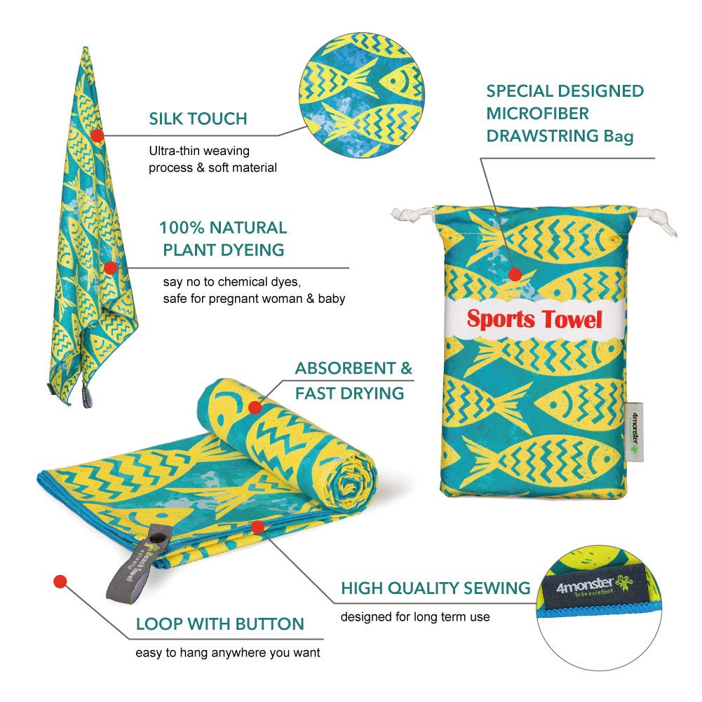 SL Travel Gear - 4Monster Microfiber Beach Towel Quick Dry,Super Absorbent Lightweight Travel Towel for Swimmers, Sand Free Camping Towel, Beach Towels for Pool, Swim, Water Sports,Yoga,Gym,Backpacking