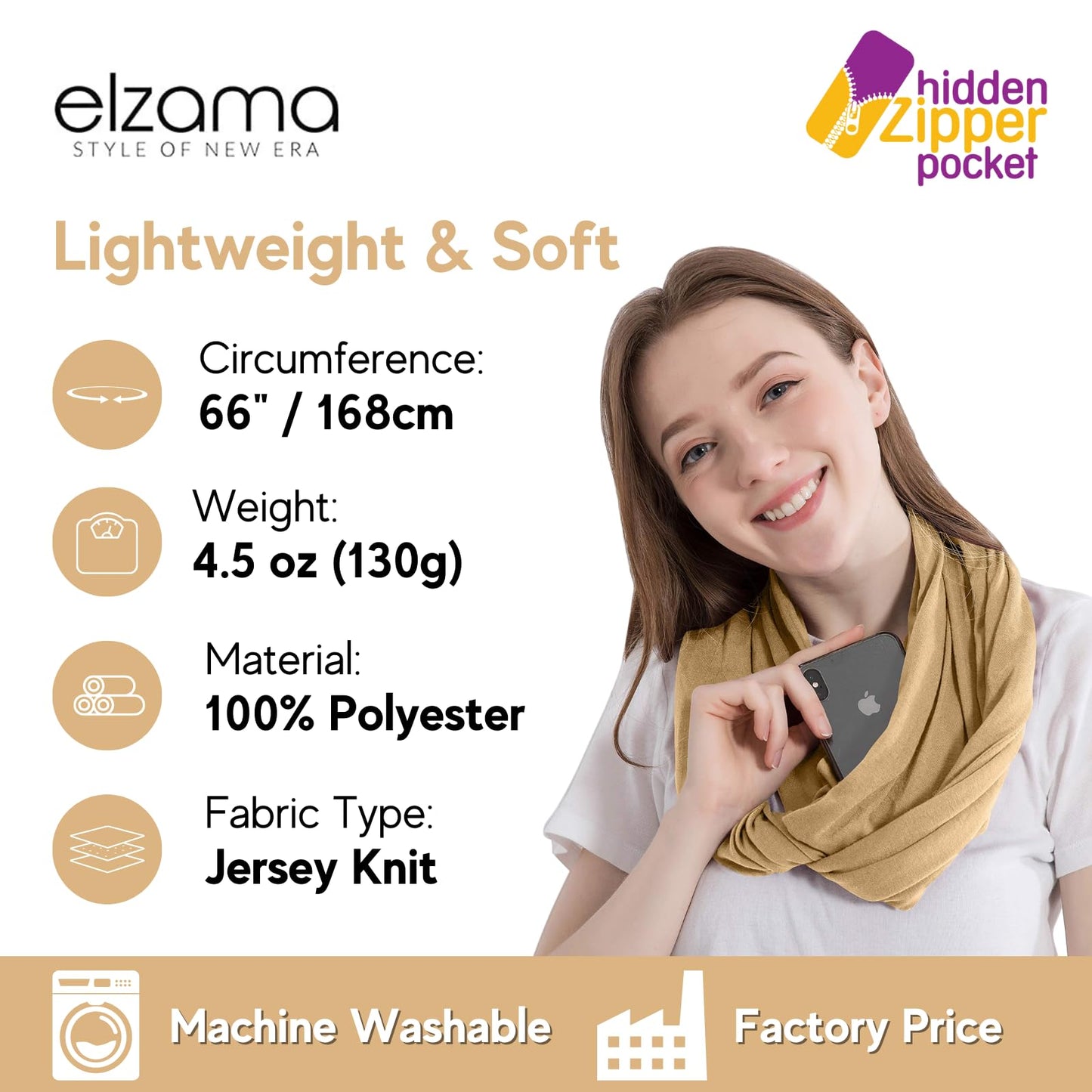Infinity Loop Solid Color Scarf With Hidden Zipper Pocket For Women - Lightweight Travel Neck Wrap