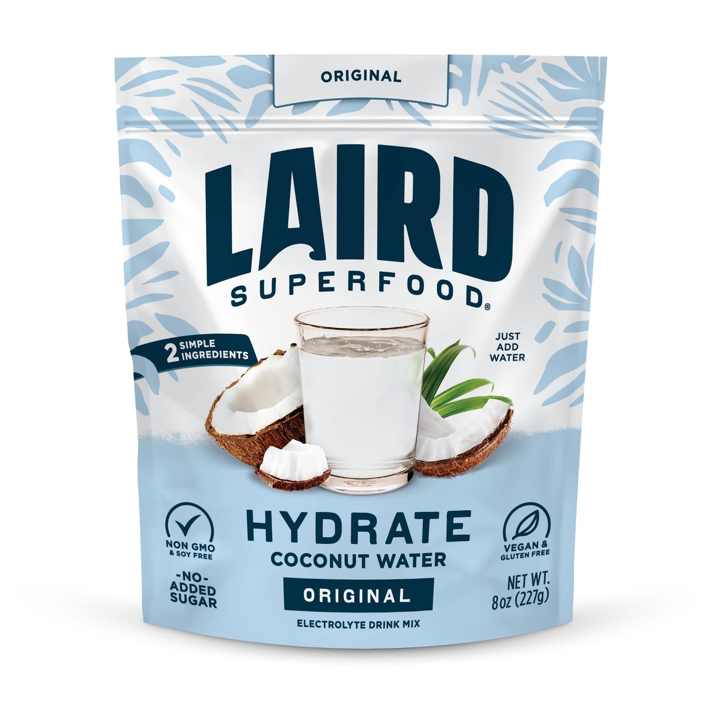 SL Travel Supplements - Laird Superfood HYDRATE Coconut Water Powder Drink Supplement with Coconut Water and Auqamin, All Natural, No Added Sugars, Gluten-Free, Non-GMO, Vegan, 8 oz. Bag, Pack of 1