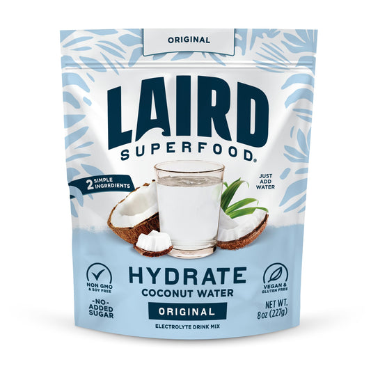 SL Travel Supplements - Laird Superfood HYDRATE Coconut Water Powder Drink Supplement with Coconut Water and Auqamin, All Natural, No Added Sugars, Gluten-Free, Non-GMO, Vegan, 8 oz. Bag, Pack of 1