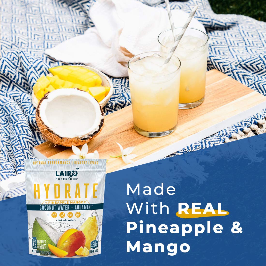SL Travel Supplements - Laird Superfood HYDRATE Coconut Water Powder Drink Supplement with Coconut Water and Auqamin, All Natural, No Added Sugars, Gluten-Free, Non-GMO, Vegan, 8 oz. Bag, Pack of 1