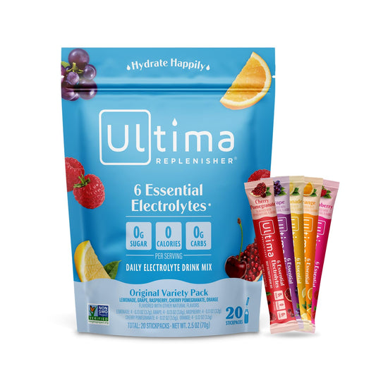 SL Travel Supplements - Ultima Replenisher Daily Electrolyte Drink Mix – Original Variety, 20 Packets – Hydration Packets with 6 Electrolytes & Minerals – Keto Friendly, Vegan, Non- GMO & Sugar-Free Electrolyte Powder