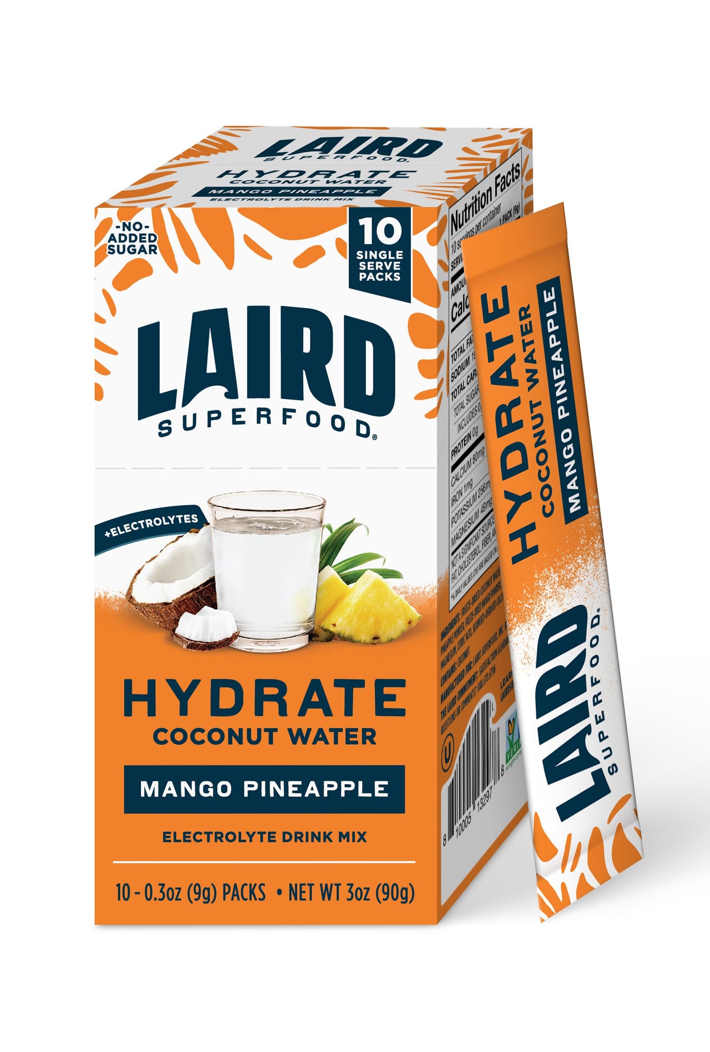 SL Travel Supplements - Laird Superfood HYDRATE Coconut Water Powder Drink Supplement with Coconut Water and Auqamin, All Natural, No Added Sugars, Gluten-Free, Non-GMO, Vegan, 8 oz. Bag, Pack of 1
