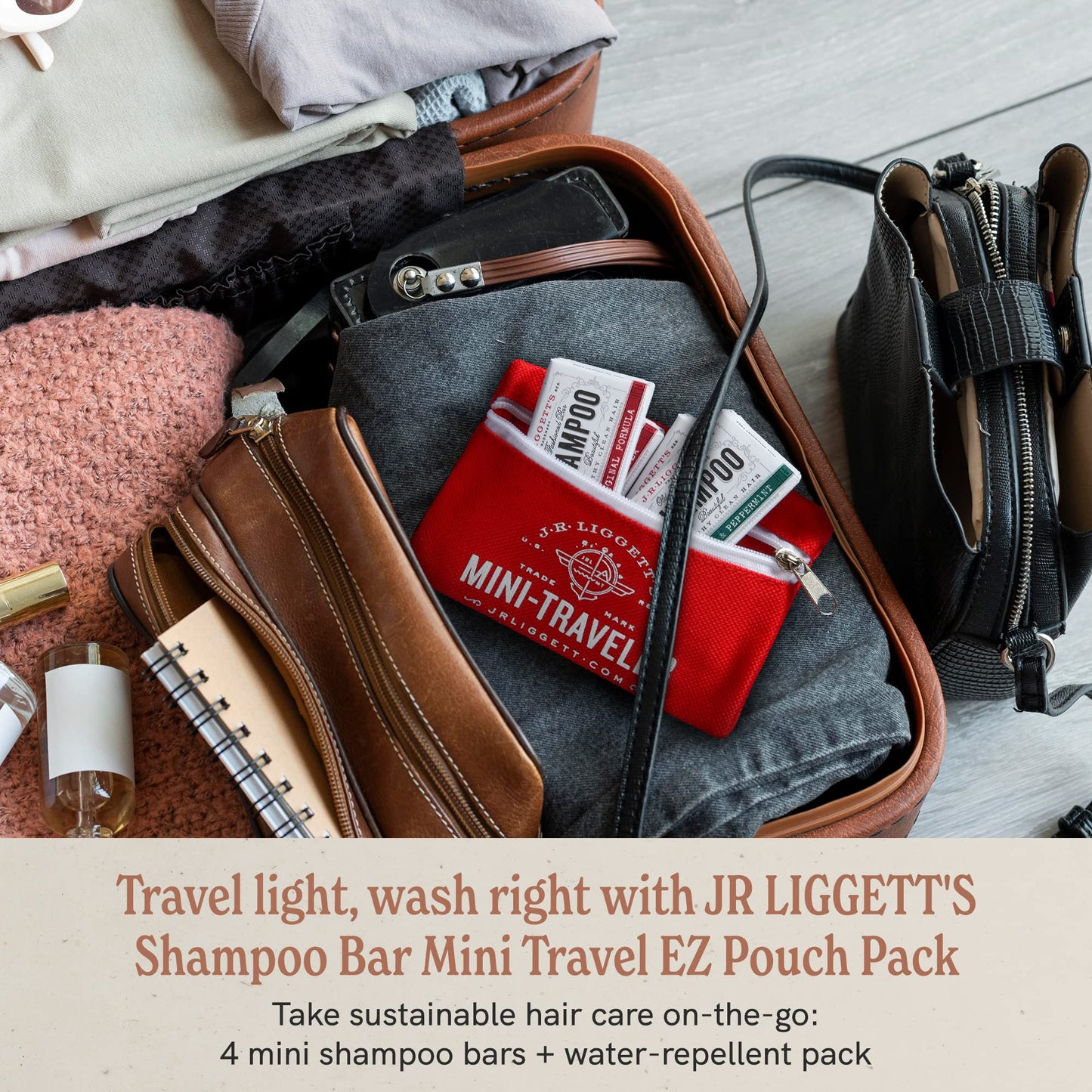SL Travel Gear - J·R·LIGGETT'S All-Natural Mini Shampoo Bars with Antioxidants - Sulfate-Free, Supports Strong and Healthy Hair, Travel Pouch Pack of 4